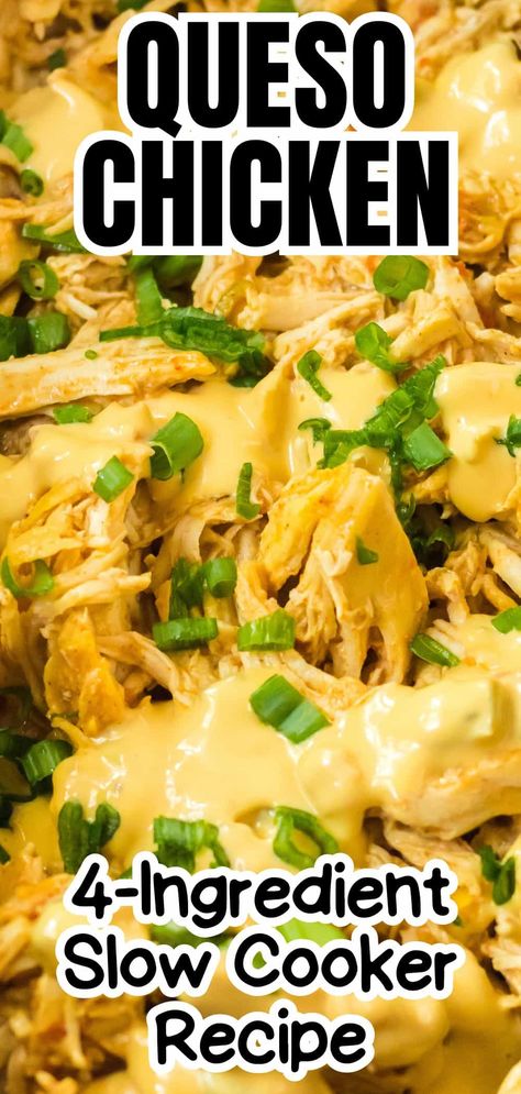 Easy and delicious Slow Cooker Queso Chicken Tacos recipe made with only 4 simple ingredients: rotel, queso, chicken breasts, and taco seasoning. They cheesy shredded chicken is a family favorite! Crock Pot Queso Chicken Tacos, Chicken And Nacho Cheese Recipes, Crockpot Pollo Loco, Boneless Chicken Recipes Crockpot, Chicken Queso Tacos Crockpot, Slow Cooker Queso Chicken Tacos, Rotel Chicken Crock Pot, Queso Chicken Crockpot, Chicken Nachos Crockpot