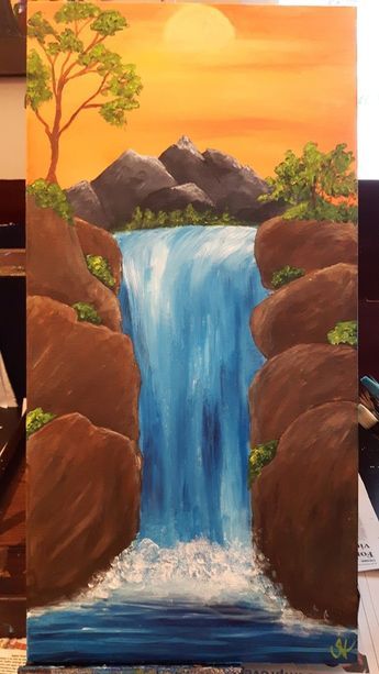 Diy Waterfall, Poster Paint, Waterfall Paintings, Acrylic Canvas, Beginner Painting, Easy Paintings, Poster Making, Oil Pastel, Pastel