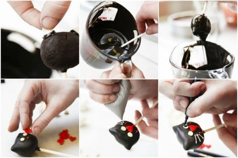 Cat cake pops Black Cat Cake Pops, Cat Cake Pops Tutorial, Cat Cakepops, Cat Cake Pops, Black Cat Cake, Cat Bday, Lauren Martin, Decorate Halloween, Cake Pop Tutorial