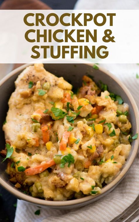 This 5 ingredient crockpot chicken and stuffing is the perfect comfort meal. It's made with mixed vegetables including carrots and corn. It's an easy dinner recipe that's family friendly and everyone will love it. Chicken Stuffing Veggies Crockpot, Chicken Broccoli Stuffing Crockpot, Crockpot Chicken Stuffing, Crockpot Chicken And Dressing, Crockpot Chicken And Stuffing, Freezing Cooked Chicken, Crockpot Chicken Pot Pie, Chicken Stuffing Casserole, Chicken And Stuffing