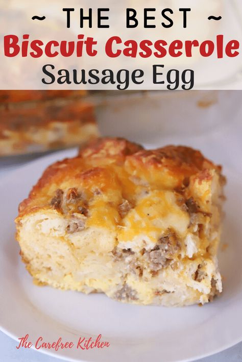 This Sausage Egg Biscuit Casserole is the ultimate breakfast recipe. It's made with crumbled sausage, eggs, cheese, and big canned homestyle biscuits. It's perfect for a large gathering or a simple Sunday morning breakfast. #thecarefreekitchen #casserole #breakfast #breakfastcasserole #sausage #biscuits #eggs #brunch Sausage Egg Biscuit Casserole, Egg Biscuit Casserole, Sausage Egg Biscuit, Potato Egg Casserole, Christmas Morning Breakfast Casserole, Healthy Breakfast Baking, Egg Bake Casserole, Sausage Egg Casserole, Biscuit Casserole