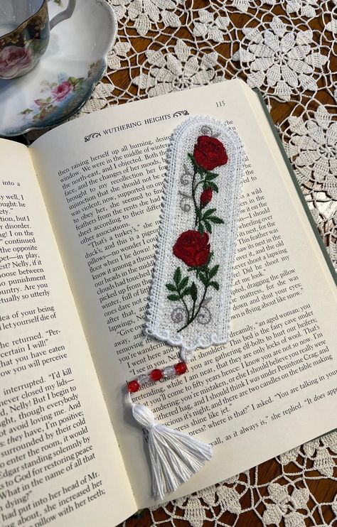 Lace Bookmarks, Rose Bookmark, Lace Bookmark, Embroidered Art, Book Marks, Rose Lace, Blooming Rose, Any Book, Beaded Tassels