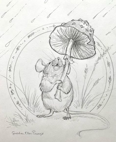 Mushroom Doodle Art, Mouse Mushroom, Mushroom Doodle, Rainy Day Drawing, Draw Pencil, Mouse Illustration, Baby Art Projects, Woodland Forest, Eclectic Art