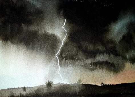 Storm Watercolor Painting, Watercolor Stormy Sky, Watercolor Dark Background, Watercolor Painting Dark, Stormy Sky Illustration, Indian Ink Art Ideas, Thunderstorm Watercolor, Dark Watercolor Paintings, Watercolor Lightning