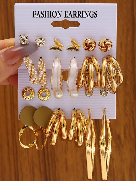 12pairs/Set Fashion Faux Pearl Decor & Butterfly Shaped Earring Set For Women For Daily DecorationI discovered amazing products on SHEIN.com, come check them out! Cute Shein Earings, Hand-set Gold Earrings For Eid, Shein Earrings Set, Stud Earrings Shein, H&m Earrings Set, Decor Butterfly, Jewelry Store Design, Pearl Decor, Diy Paper Crafts Decoration