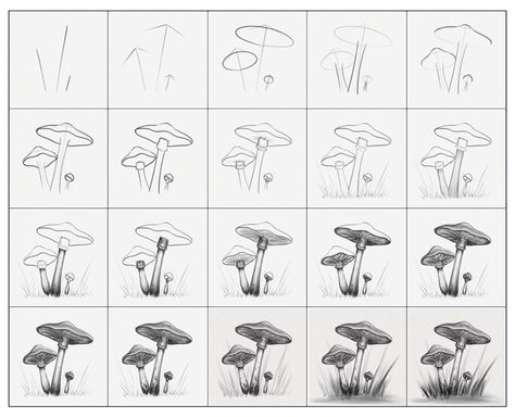 Zentangle Patterns Step By Step Mushrooms, How To Doodle Mushrooms, Mushroom Step By Step Drawing, Mushroom How To Draw, Mushroom Doodle Step By Step, Drawing Mushrooms Step By Step, Mushroom Tutorial Drawing, Drawing Mushrooms Easy, How To Draw Plants Step By Step