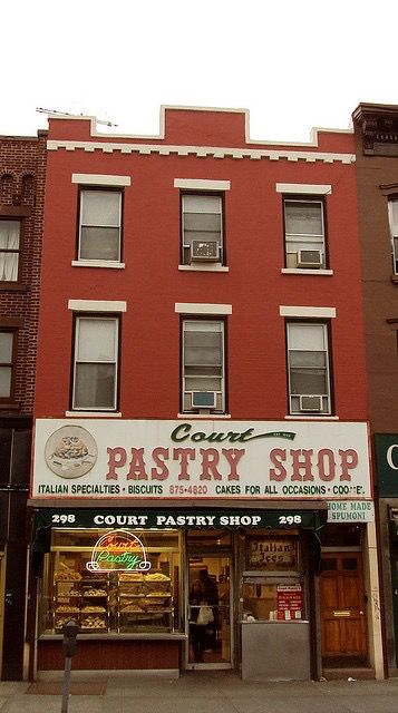 COURT STREET PASTRY~ Brooklyn NY. Family-owned since 1948; bakery specializing in homemade Italian-style pastries and desserts; 298 Court Street, Brooklyn, NY. We love their almond biscotti, grain pie, cannoli, and Sfogliatelle. Italian specialty cookies at Christmas. Delicious Italian ices in summer, Window Lettering, Almond Biscotti, My Kind Of Town, Homemade Italian, Shop Fronts, Pastry Shop, Brooklyn New York, New York State, Best Cities