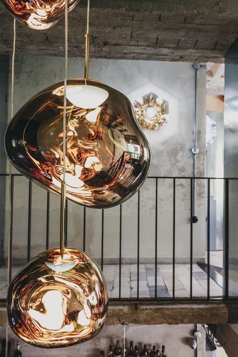 Modern Contemporary Interior Design, Tom Dixon Melt, Tom Dixon Lighting, Chalet Interior Design, Staircase Landing, Blown Glass Lighting, Blown Glass Pendant Light, Melting Glass, Blown Glass Pendant