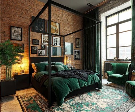 11+ Chic Bedroom Inspiration Ideas with Black and Emerald Green • 333+ Inspiring Lifestyle Ideas Emerald Green Comforter Bedroom Ideas, Emerald And Black Bedroom, Emerald Green Aesthetic Bedroom, Emerald Green Black And Gold Bedroom, Dark Botanical Bedroom, Green Black Bedroom, Emerald Green Bed, Dark Green And Black Bedroom, Black And Green Bedroom