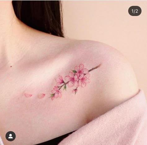 Collarbone Cherry Blossom Tattoo, Unique Cherry Blossom Tattoo, Cherry Blossom Collar Bone Tattoo, Sakura Flowers Tattoo, Sakura Blossom Tattoo, Cherry Flower Tattoo, Korean Inspired Tattoos, Sakura Tattoo Design, Sakura Flower Tattoo