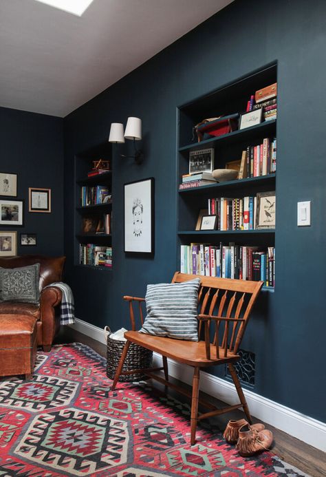 Dark Blue Paint Color, Reading Room Decor, Best Blue Paint Colors, Dark Blue Paint, Blue Accent Walls, Hague Blue, Dark Blue Walls, Blue Paint Colors, Farrow And Ball