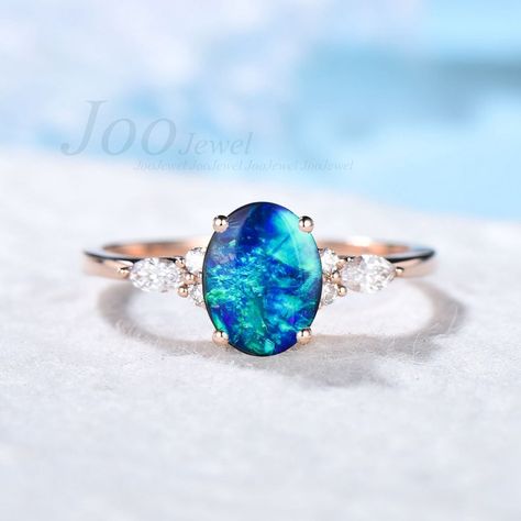 Blue Opal Ring Engagement, Sapphire Opal Engagement Ring, Blue Opal Rings, Blue Opal Engagement Ring, Blue Stone Engagement Ring, Vintage Rose Gold Wedding Ring, Vintage Wedding Rings Rose Gold, Opal Engagement Ring Vintage, Engagement Ring Blue Stone