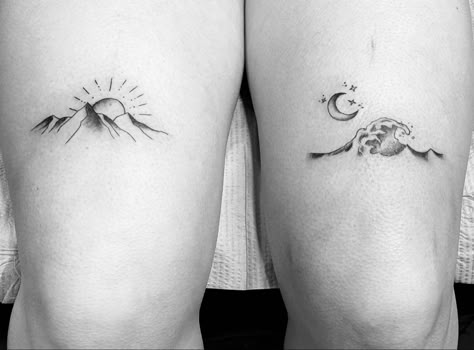 Mountains vs Sea |  couple tattoo design hand Sun And Moon Mountain Tattoo Matching, Ocean Best Friend Tattoo, Oceans And Mountains Tattoo, Tattoo Ocean And Mountain, Sun And Moon Nature Tattoo, Moon Sun Water Tattoo, Mountain Ocean Matching Tattoos, Sun With Ocean Tattoo, Mountains With Moon Tattoo