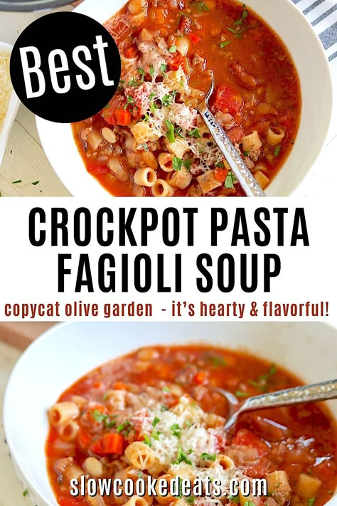 The most delicious and easy pasta fagioli in a crockpot recipe! You will love this copycat Olive Garden soup recipe - made extra easy in a slow cooker. Dry pasta is added to the crockpot soup. Olive Garden Pasta Fagioli Crockpot, Crockpot Olive Garden Pasta Fagioli, Olive Garden Copycat Pasta Fagioli, Crockpot Fagioli Soup, Olive Garden Fagioli Soup Crockpot, Ditalini Soup Recipes Crockpot, Pasta Fagoli Recipes Crockpot, Pasta Fagioli Soup Olive Garden Crockpot, Olive Garden Soup Fagioli