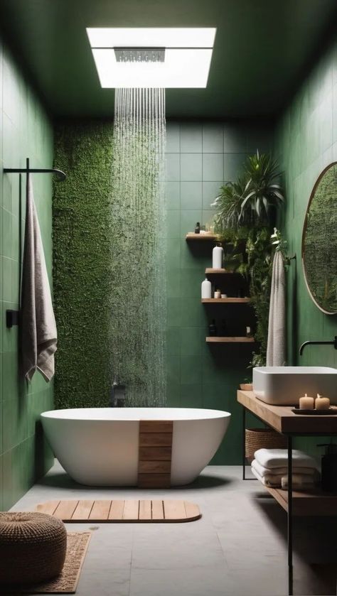 Bathroom With Green Ceiling, Green Aesthetic Bathroom, Bathroom Nature Theme, Chill Bathroom, Green Bathroom Aesthetic, Nature Bathroom, Nature Inspired Bathroom, Modern Bathroom Wall Art, Windowless Bathroom