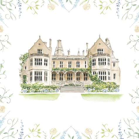 The gorgeous Orchardleigh House @orchardleigh_estate, painted for the lovely C&T who will be tying the knot this summer. I painted this venue illustration for my lovely friend’s wedding invitations, along with the pretty floral border to complement the colours of the day. We’re using the same illustrations throughout their On the Day stationery to bring cohesion and really tie everything together 🤍 #weddingillustration #venueillustration #weddingstationery Venue Watercolor, Wildflower Border, Wedding Venue Illustration, Venue Illustration, My Lovely Friend, Watercolor Architecture, Color Of The Day, Hand Painted Wedding, Illustration Work