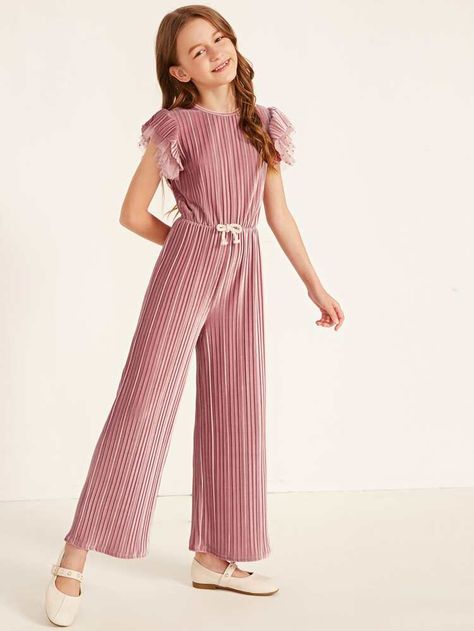 Girls Glitter Mesh Insert Layered Ruffle Sleeve Velvet Jumpsuit | SHEIN USA Kids Dress Collection, Womens Trendy Dresses, Kids Frocks Design, Kids Dress Wear, Jumpsuit For Kids, Velvet Jumpsuit, Fancy Tops, Sequin Jumpsuit