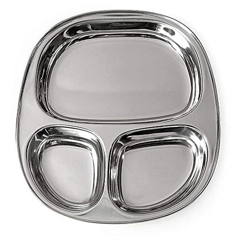 WG inc Stainless Steel Compartment Plate - 3 in 1 Divided Oval Thali Mess Tray Dinner Platter Breakfast Lunch Suction Dishes - Dishwasher safe, Reusable, Unbreakable, BPA Free (Small) Lifestyle Block, Tray Dinner, Camping Plates, Camping Dishes, Toddler Plates, Dinner Tray, Baby Bowls, Kids Plates, Dining Room Table Decor