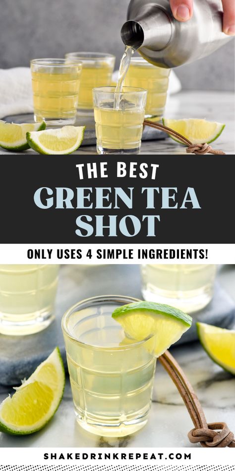 Green Tea Shots Recipes, Shots Alcohol Recipes, Bartender Recipes, Cocktail Drinks Alcoholic, Cocktail Shots, Best Green Tea, Shots Alcohol, Yummy Alcoholic Drinks, Sour Mix