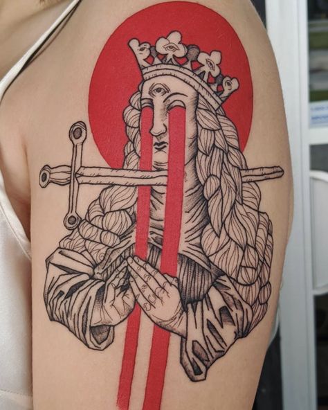 Queen Card Tattoo, Queen Of Swords, Wand Tattoo, Queen Card, King Of Wands, Court Cards, Tarot Card Tattoo, Tarot Tattoo, Card Tattoo Designs