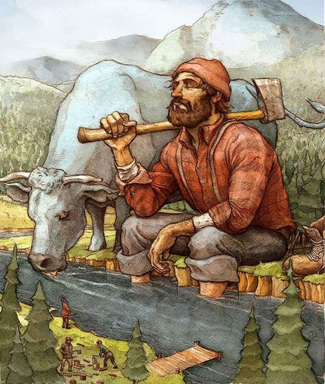 Paul and Babe > Awesome #illustration #art by Chad Lewis Babe The Blue Ox, Paul Bunyan, Tall Tales, Folk Tales, Lumberjack, Childrens Illustrations, Children's Book Illustration, Male Art, Ox