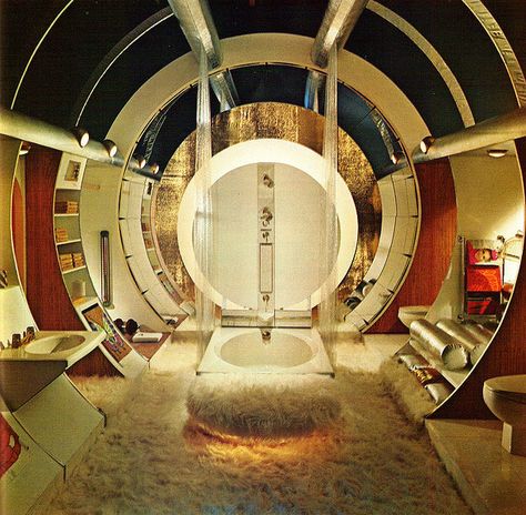 Seriously, this is an awesome bathroom. It looks like a cross between the Playboy Mansion and 2001: A Space Odyssey . Space Age Interior, Modern Man Cave, 70s Interior, 70s Home, 70s Decor, Shag Carpet, Futuristic Interior, Retro Interior, Hi-fi