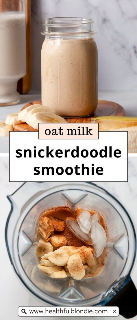 This creamy dairy free smoothie with oat milk tastes like a Snickerdoodle, but it's healthy! It's made with just a handful of ingredients: banana, peanut butter, cinnamon, and oat milk. This snickerdoodle smoothie is the perfect breakfast smoothie, snack, or healthy dessert.