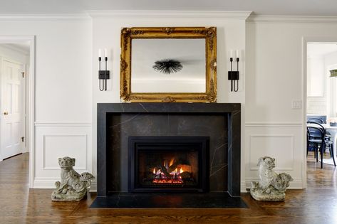 Black Fireplace Mantel, Black Marble Fireplace, Black Fireplace Wall, Black Fireplace Surround, Fireplace Facade, California Bungalow, Black Fireplace, Seattle Homes, Marble Fireplace