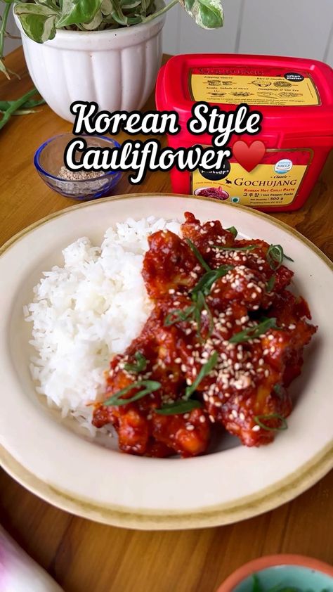 Cauliflower Recipes Korean, Recipes With Gochugaru, Indian Food Recipes Aesthetic, Korean Style Cauliflower, How To Make Korean Rice, Gochujang Cauliflower Recipe, Easy Korean Recipes Vegetarian, Korean Cauliflower Recipes, Korean Food Recipes Vegetarian