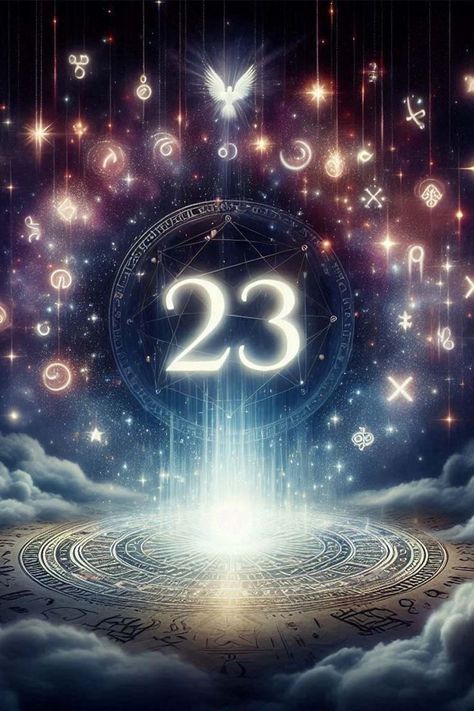 Illustration representing the spiritual significance of the number 23, with mystical symbols and cosmic elements intertwining in a harmonious pattern 28 Numerology, Higher Purpose, Creativity Inspiration, Material World, Spiritual Meaning, Inner Peace, In Nature, Personal Growth, The Universe