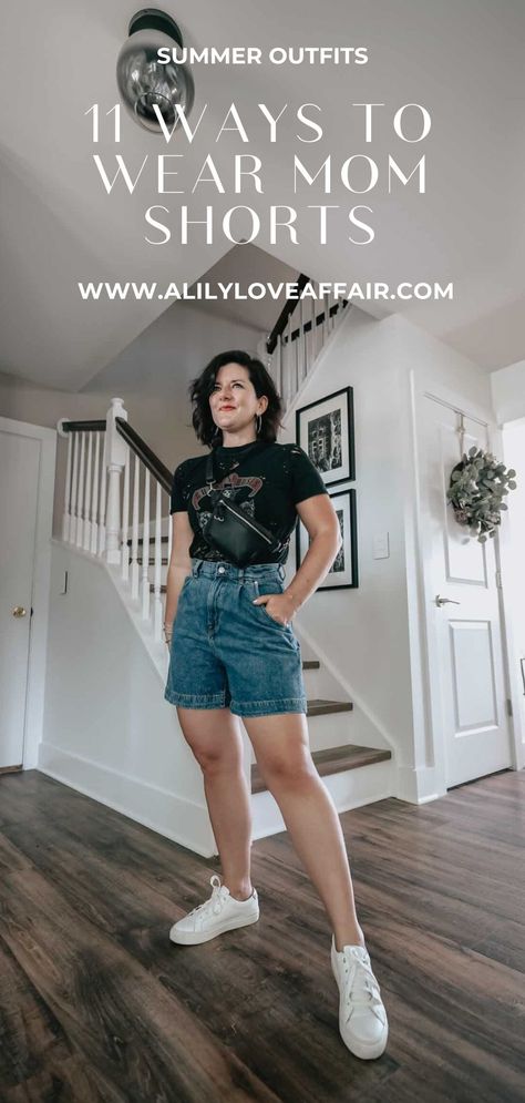 Styling High Waisted Shorts, Denim Shorts Outfits Women Casual, Styling Mom Shorts, How To Style High Waisted Shorts, Mom Denim Shorts Outfit, Mom Jeans Shorts Outfits, Loose Jean Shorts Outfit, Shorts With Sneakers Outfits, High Waist Short Outfit Ideas