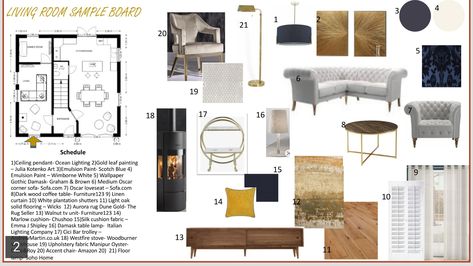 A sample board showing the paint and furniture choices for a living room. Sample Board, A Living Room, Floor Plans, Interior Design, Paint, Living Room, Furniture, Design