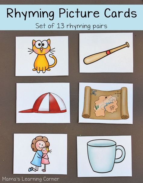 Download a set of rhyming picture cards for your early reader! Several suggestions for use included! Rhyming Picture Cards, Rhyming Games, Rhyming Pictures, Learning Corner, Rhyming Activities, Jolly Phonics, Preschool Literacy, Phonological Awareness, Teaching Literacy