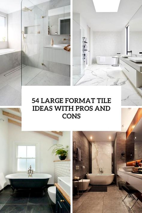 From ceramic to porcelain, large format tile come in a variety of materials. Here are their pros and cons to use them in a bathroom. White Bathroom Tile Ideas, Small Bathroom Tiles Ideas, Large Tile Bathroom, White Bathroom Tile, Shower Tile Design, Large Shower Tile, Bathroom Tiles Design Ideas, Bathroom Tiles Ideas, Large Floor Tiles