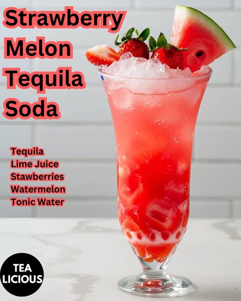 Strawberry Melon Tequila Soda Alcoholic Drinks For A Party, Drinks For A Party, Mixed Drinks Alcohol Recipes, Tequila Soda, Alcohol Beverages, Liquor Recipes, Cocktail Drinks Alcoholic, Ebook Promotion, Watermelon Margarita