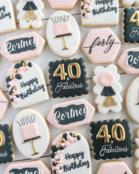 40 & Fabulous! #40andfabulous #40andfabulouscookies #forty #fortycookies #40thbirthdaycookies #cookies #dfwcookies #fortworthcookies… | Instagram Women 40 Birthday Party Ideas, 40 Fabulous Birthday Ideas, 40th Cookies Decorated, 40 Year Birthday Ideas For Women, 55 Birthday Cookies, 60 And Fabulous Cookies, Elegant Birthday Cookies, 55th Birthday Cookies, Forty And Fabulous Party