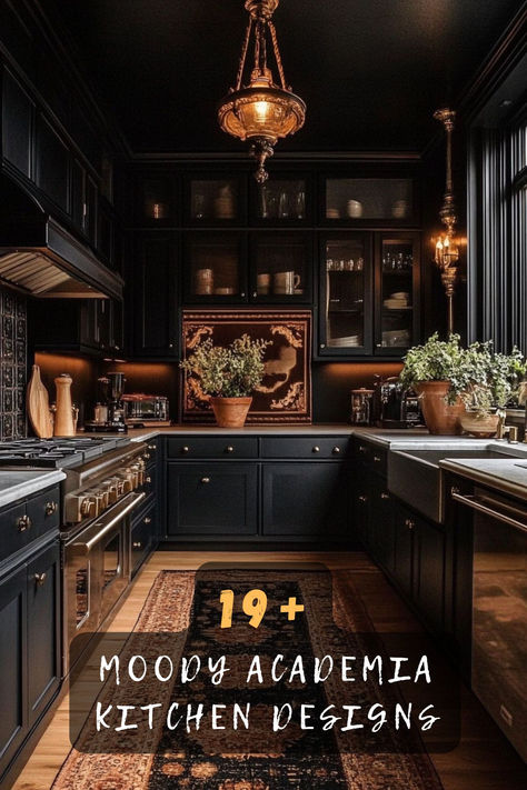 🕯️ Ready To Embrace The Scholarly Kitchen Aesthetic? I'll Show You 19 Ways To Infuse Your Kitchen With Dark Academia Magic! Tap For Timeless Design Ideas That Feel Like A Victorian Novel Come To Life 📖 #AcademiaStyle #KitchenDecor #VintageInterior #DarkAcademiaHome #ClassicDesign #MoodyInteriors #IntellectualStyle Black Victorian Kitchen Cabinets, Dark Academia Cafeteria, Dark Academia Dining Table, Victorian Academia Aesthetic, Contemporary Dark Academia, Dark Academia Farmhouse, Old Money Goth Aesthetic, Dark Acedamia Core, Dark Academia Gothic Aesthetic