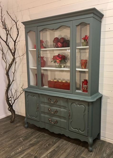 Painted China Cabinet Ideas Color Combos, French Provincial Hutch Makeover, French Provincial China Cabinet Makeover, Gray China Cabinet, Painted China Cabinet Ideas, Chalk Paint Hutch, Refurbished Hutch, Green China Cabinet, French Provincial Hutch