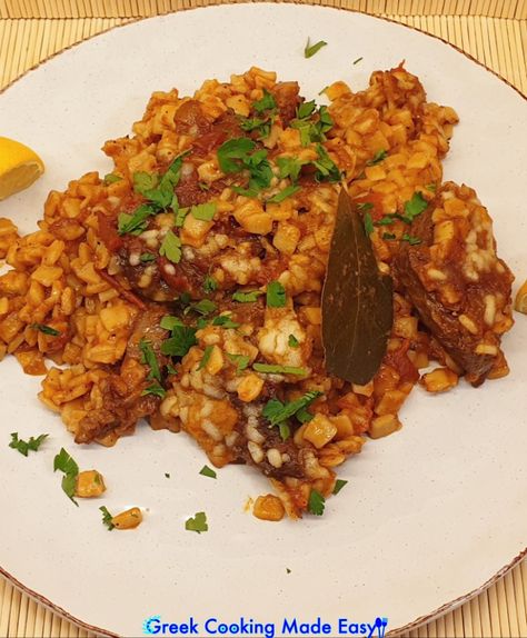 In this Giouvetsi recipe, the combination of succulent beef, baked with Cretan Village Hilopites in sweet Tomato and Wine sauce AND clay-pot baking, results in an amazing rural dish! #γιουβέτσι #μοσχάρι #beef #giouvetsi #crete #Eatgreek #Foodbloggers #homemadefood #greece #greek #greekrecipes #hereismyfood #delicious #homecooking #συνταγες #greekcookingmadeeasy #love #instagreece #greekcuisine #ελλάδα #mediterraneandiet #greekfood #lovetocook #greekyoutuber #madebyme #greekdiet #greekblogger Giouvetsi Recipe, Greek Beef, Greek Kitchen, Greek Diet, Eat Greek, Family Lunch, Greek Cooking, Small Tomatoes, Greek Dishes