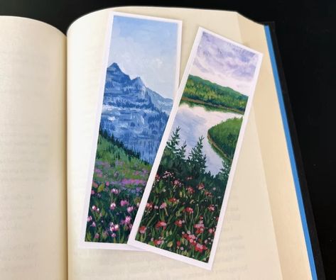 HannahArtandPrints - Etsy Printed Bookmarks, Mountain Wildflowers, Mountain And River, Pink Wildflowers, Acrylic Painting Inspiration, Creative Bookmarks, Watercolor Bookmarks, Watercolor Mountains, Printed Art