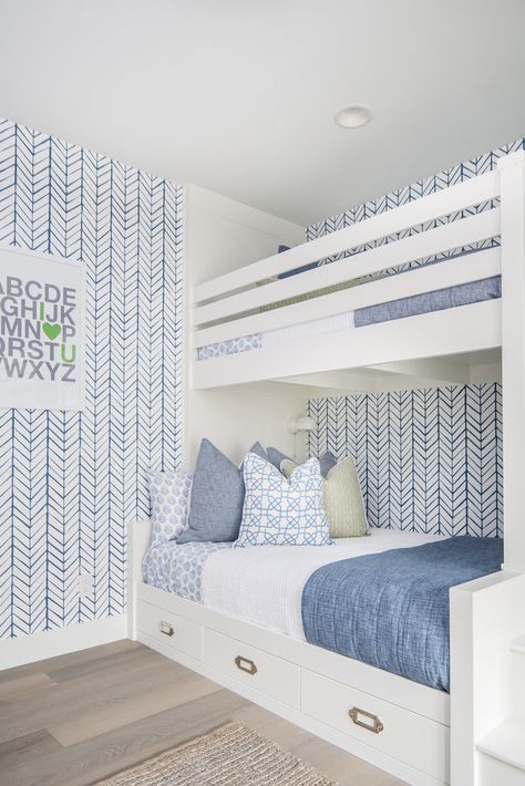 Bunk Bed Rooms, Gradient Wallpaper, Decorative Wallpaper, White Bunk Beds, Bunk Beds Built In, Feather Wallpaper, Wallpaper Watercolor, Built In Bunks, Bunk Rooms