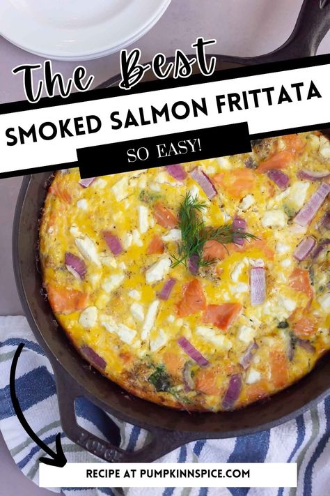 This Smoked Salmon Frittata is a simple recipe that's perfect for breakfast or brunch. Loaded with smoked salmon, feta cheese, red onions, and spinach, this dish is ready in no time and packed with flavor! Feta Breakfast, Salmon Frittata, Smoked Salmon Frittata, Best Smoked Salmon, Weekend Brunch Recipes, Superfood Recipes, Frittata Recipes, Foodie Friends, Red Onions