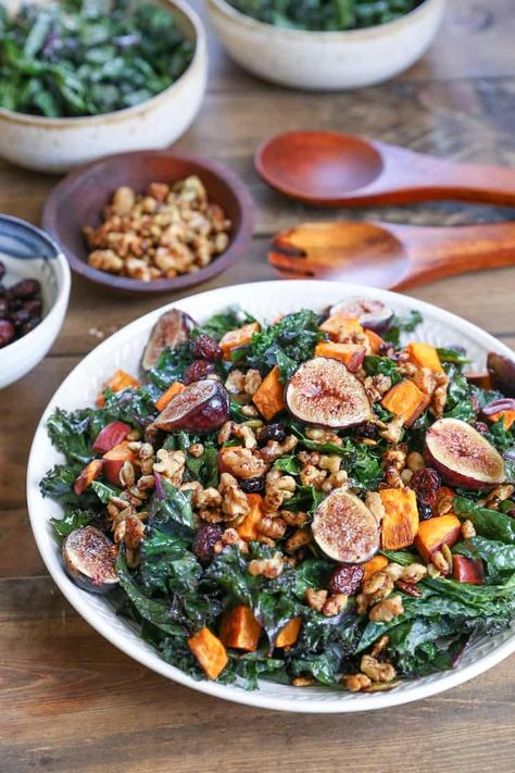 Roasted Sweet Potato and Fig Kale Salad - The Roasted Root Superfood Salads, Awesome Salads, Harvest Dinner, Paleo Vegetarian, Fig Salad, Cider Vinaigrette, Potato Salad With Egg, Easy Clean Eating Recipes, Easy Potato Salad