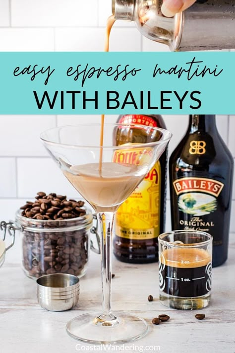 One sip and you'll fall in love with this easy espresso martini made with Baileys and Kahlua! It's the perfect blend of sweet, creamy coffee flavor with a kick. Best of all, this espresso martini recipe is super simple to mix up, even if you don't have an espresso machine! To make this Baileys espresso martini you’ll need just a few basic ingredients. And I'm giving you plenty of options for substitutions so you can make it with whatever you have. via @coastalwandering Martinis Made With Baileys, Coffee Martini Recipe Baileys Irish Cream, Coffee Espresso Martini, Irish Espresso Martini, Expresso Martini Recipe Baileys, Baileys Expresso Martini, Expresso Martini Easy, Espresso Martini Without Kahlua, Baileys Cocktails Easy