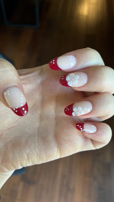 Red Hawaiian Nails, Japan Inspired Nails, Japan Nails, Almond Nails Red, Island Nails, Hawaiian Nails, Hawaii Nails, Ny Nails, Red Toenails