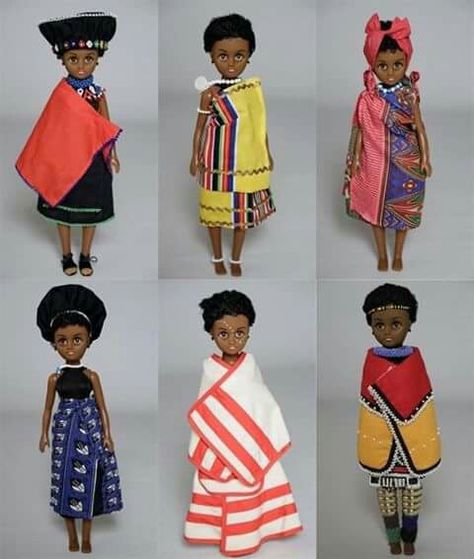 These cultural dolls are dressed in traditional attire representing the different South African tribes. From top left to the bottom right is the Zulu, Venda, Tsonga, Swazi, Xhosa and Ndebele doll. Lovely for the little black queens. ..💯 Ndebele Print Outfits, Ndebele Wedding Dress, Ndebele Traditional Attire, South African Tribes, African Doll, African Theme, African Dolls, African Dresses Modern, African Children