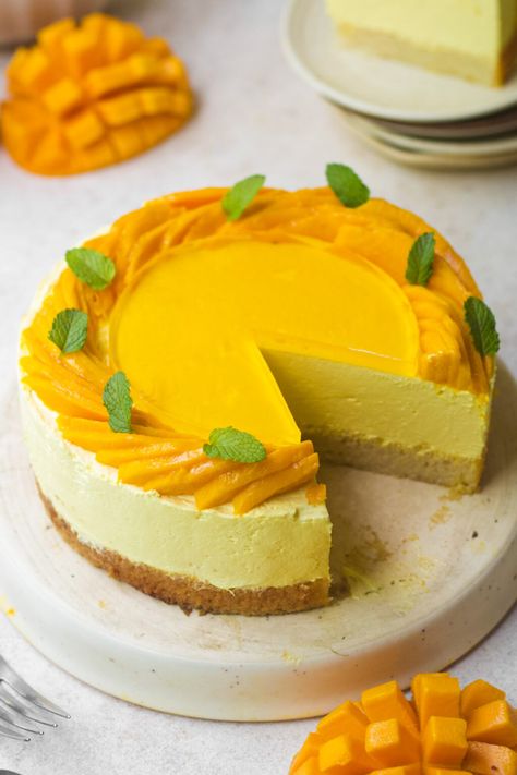 EGGLESS MANGO MOUSSE CAKE - Bake with Shivesh Eggless Mango Cake Recipe, Mango Chocolate Cake, Mango Cake Recipe, Eggless Vanilla Sponge Cake, Eggless Vanilla Cake Recipe, Bake With Shivesh, Apple Chocolate, Mango Mousse Cake, Mango Chocolate