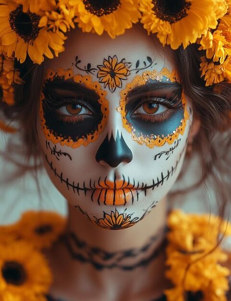 Dia De Los Muertos Makeup With Jewels, Dis Los Muertos Makeup, Sugar Skull Makeup Ideas, Sugar Skull Facepainting, Easy Catrina Costume, Dia Del Muerto Make Up, Orange Catrina Makeup, Easy Halloween Costumes Makeup, Sugarskulls Makeup Simple