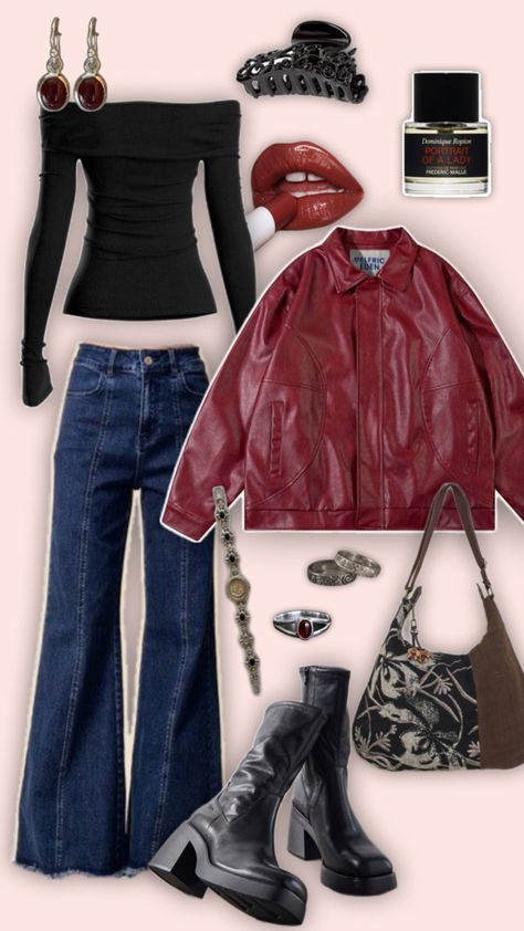 Channel edgy Y2K vibes with this cool fall outfit! A bold red leather jacket paired with flared jeans, platform boots, and a black off-shoulder top creates the ultimate mix of retro and modern. Finish the look with layered jewelry, a printed shoulder bag, and deep red lipstick. Perfect for standing out this autumn while staying on trend with statement accessories and cool layers. Outfit With Flare Jeans, Red Leather Jacket Outfit, Outfits With Flares, Edgy Y2k, Lookbook Layout, Y2k Fall Outfits, Black Off Shoulder Top, Y2k Fall, Black Off Shoulder