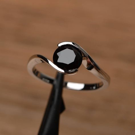 Round Garnet Ring, Black Diamond Solitaire Ring, Topaz Wedding Ring, Black Spinel Ring, Crystal Drawing, Black Diamond Solitaire, Sterling Silver Promise Rings, Engagement Ring Prices, Spinel Ring